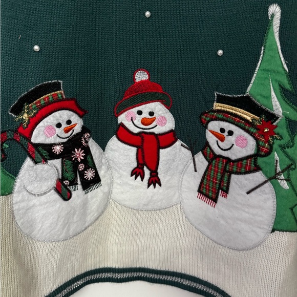 Kitschy Snowman Appliqué Knit Holiday Sweater Forest Green XL - Picture 2 of 9